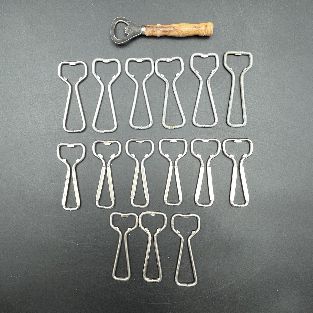 Lot 16 Vintage Church Key‎ Bottle Openers Wire Frame & Wood Handle Barware
